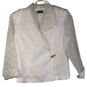 MSK White/White Polka Dots Gold Brooch Clasp Long Sleeve Women’s Blouse Size Med